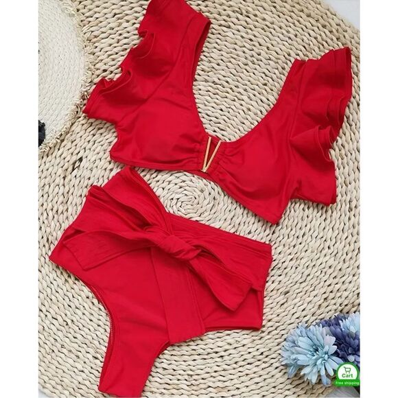 Women’s New Red Ruffled 2 Piece Swimsuit M - Picture 1 of 14